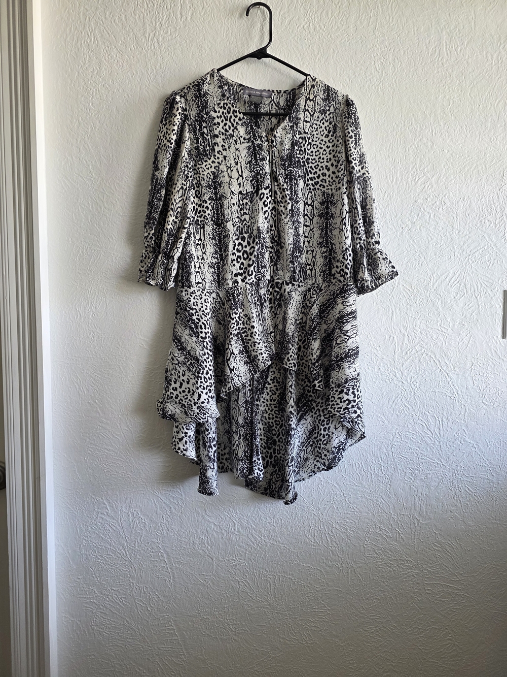 Kate & Mallory Black and White High-Low Animal Print Ruffle Dress